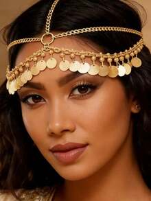 1pc Gold Plated Multilayer Disc & Tassel Headchain, Arab Style Bridal Hair Accessories, Turkish Kurdish Women Luxury Jewelry Gift, Bride To Be - Gold - View 11
