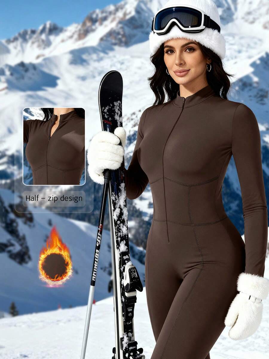 NcmRyu 1件装 女士弹力塑形滚边抓绒拉链立领运动滑雪服 冬季 - 咖啡棕 - 查看 1