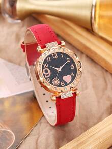 6pcs Elegant & Fashionable Black Starry Sky Numeric Quartz Watch And 6pcs Lucky Flower Necklace Bracelet Ring Earring Accessory Set, Mother's Day, Valentine's Day, Easter Gift - Red - View 3