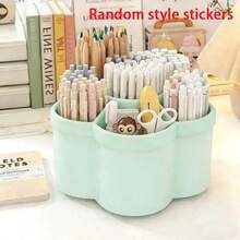 1pc 360° Rotating Pen Holder & Storage Box, Suitable For Student And Children's Desks. This Creative And Fashionable Pen Holder Has A Large Capacity, Simple And Personalized Design, With Internal Compartments For Convenient Organization And Storage. Ideal For Storing Children's Desk Supplies (Sticker Pattern Is Random). - Multicolor - View 5