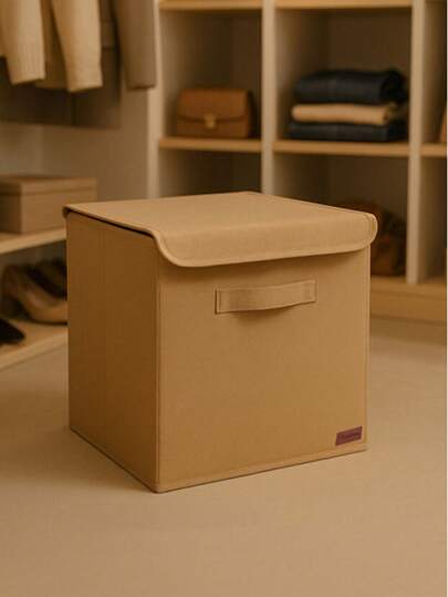 Beige Folding Lid Storage Box For Inside Cabinets, Laundry And Toys, 30x30x30
