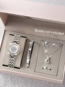 6pcs Set Rhinestone Gold Bangle & Quartz Watch Set, Chain Bracelet Watch For Women, Personalized Luxury Gift - Silver - View 5