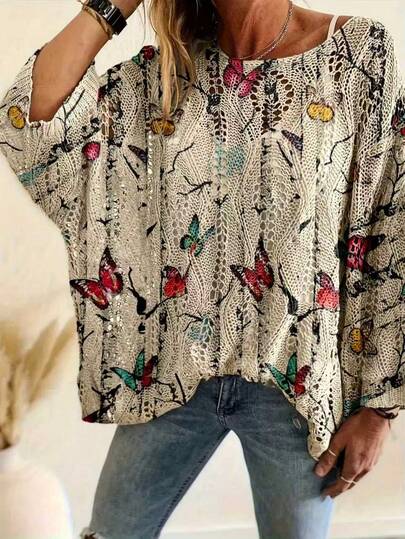 Plus Size Butterfly Print Hollow Out Loose 3/4 Sleeve Thin Knit Cover Up Vacation Spring