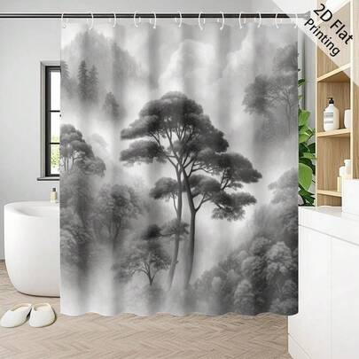 1pc Foggy Forest Landscape Digital Print Mildew-Resistant Waterproof Shower Curtain, Comes With 12 Plastic Hooks And Metal Grommets, Home Decor