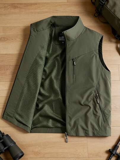 Stand Collar Summer Casual Quick-Dry Men's Vest With Pockets, Outdoor Plus Size Lightweight Jacket, Fishing Utility Vest, Photography Sleeveless