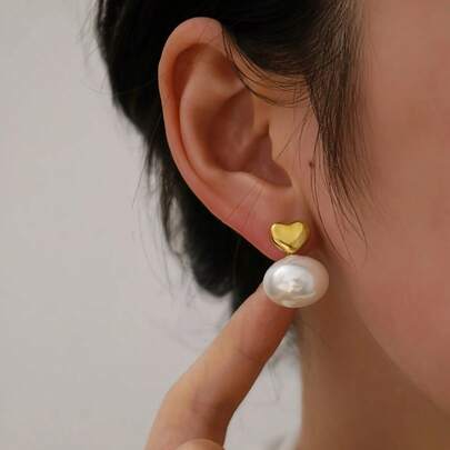 Uself 1 Pair Cute 18K Gold PVD Plated Stainless Steel Pearl Bowknot Hanging Heart Pendant Earrings Women Premium Jewelry