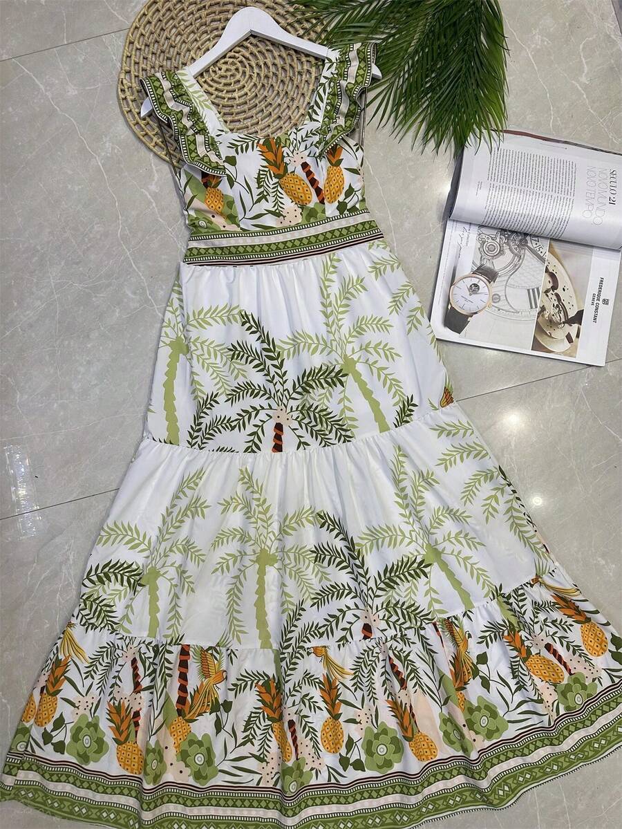 Long Dress With Print, Lined, With Built-In Bra Cups, Made Of Pretty, Fashionable Crepe Fabric. - Lemon/Orange - View 1