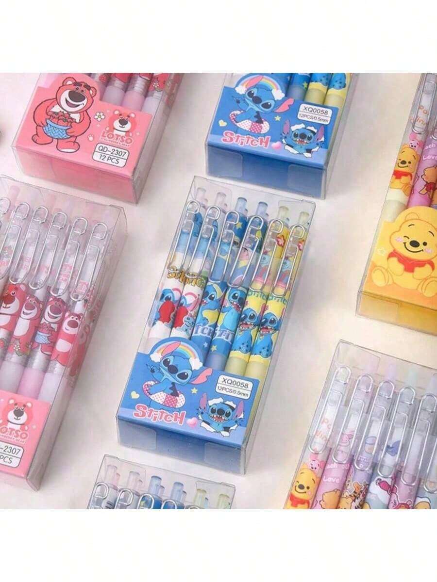 6支/12支装中性凝胶笔，图案包括史迪奇、小熊维尼、草莓熊等卡通人物，速干墨水，可用于签名、书写，是学生文具的理想之选。 - 史迪奇筆 - 查看 1