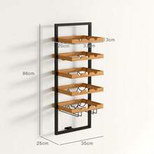 Wall-Mounted Wine Rack With 5 Shelves, Stackable Bottle Holder, Holds 15 Bottles And 4 Glasses, Made Of Pine And Steel, For Kitchen, Dining Room Or Bar, Brown - Black - View 3