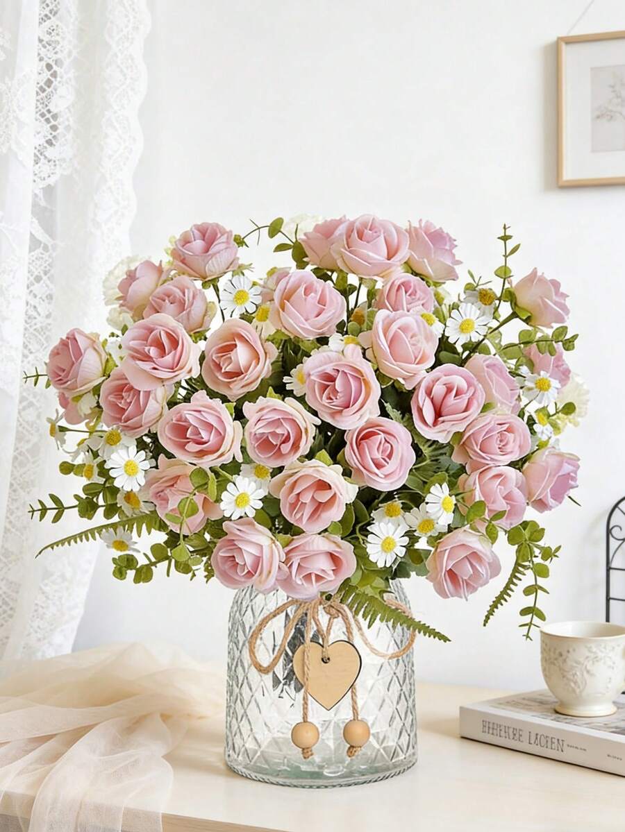 1 Peça Combinação de Flores Artificiais de Rosa e Hortênsia de 29 cm, Flores de Seda Falsa para DIY, Decoração de Casa, Casamento, Centro de Mesa, Jardim, Sala de Estar, Decoração de Quarto, Decoração de Quarto, Decoração de Ramos, Presente do Dia dos Namorados - Rosa chiclete - Visão 1