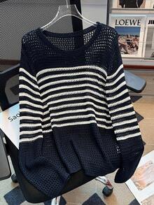 女士条纹休闲宽松针织套头毛衣，轻盈镂空优雅日常穿着，海滩度假风，宽松雪纺防晒上衣，夏季 - 藏蓝色 - 查看 2