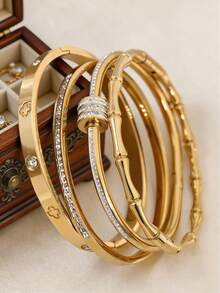 4 件/1 件优雅锆石镶嵌不锈钢女士手链，金色，适合日常佩戴，馈赠朋友的绝佳礼物 - 鑲鑽手鐲 - 查看 9