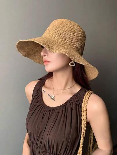 Sombrero de paja clásico, sombrero de sol de playa para mujer de primavera/verano, sombrero de cubo versátil, protección UV