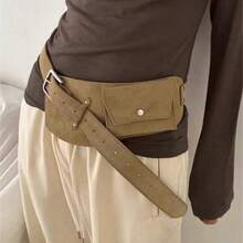 1件复古棕色麂皮宽腰带，奢华皮革腰包，多功能装饰裙袋 - 彩色 - 查看 2