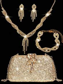 Bộ trang sức đính đá lấp lánh gồm dây chuyền, bông tai và vòng tay, kết hợp với túi xách cầm tay sang trọng, thích hợp cho các bữa tiệc, đám cưới lãng mạn, túi đeo vai mùa xuân/hè, túi cô dâu, các buổi khiêu vũ trang trọng. - Vàng - Xem 13