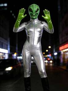 万圣节外星人服装套装 - 逼真乳胶面具 + 闪亮手套，男女皆宜，适合角色扮演派对 - 彩色 - 查看 2