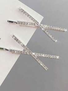 2Pcs/Hanfu Style Hair Clip; Simple Cross-Shaped One-Piece Clip; Water Diamond Hairpin; Bangs Clip; Fringe Clip; Side Clip; Accessory - Silver - View 10
