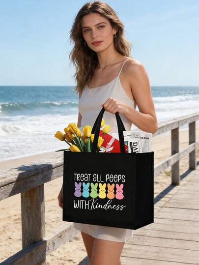 50pcs Easter Bunny & Egg Print Tote Bags, Elegant Reusable Bags With "Treat All With Kindness" Slogan, Large Capacity, Durable Handles, Suitable For Work, Commute, Travel