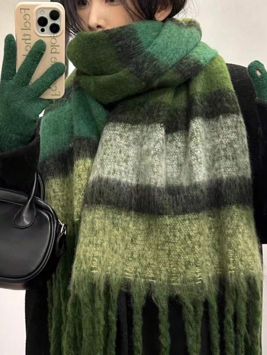 1pc Green Scarf For Women, New Mohair Plaid Design, Korean Style, Versatile, High-Quality, Thick & Warm, Suitable For Winter - Multicolor - View 1