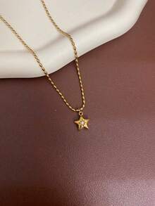 1pc Stainless Steel Waterproof Non-Fading Vintage Rhinestone Octagram Star Moon Pendant Necklace Choker, Suitable For Women's Daily Wear - Gold - View 5
