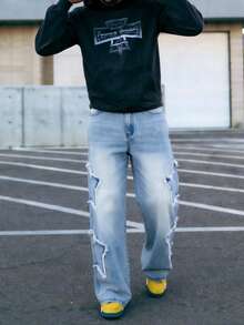 男士休闲宽松水洗做旧牛仔裤，饰有星星刺绣贴片，时尚百搭，适合所有季节 - 淺色水洗藍 - 查看 4