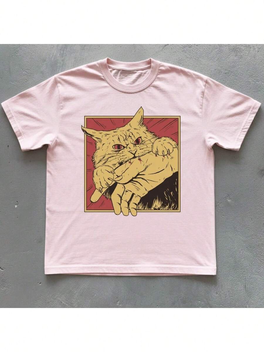 Vintage Cat T-Shirt, Retro Bite, Grunge, Authentic, Stylish, Regular Blogger Style - Baby Pink - View 1