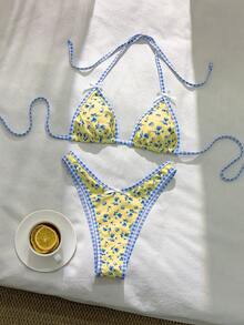 女士格纹碎花露背比基尼套装，乡村风格格纹碎花拼接露背系带泳衣，饰有蝴蝶结，休闲海滩度假女士夏季泳装 - 彩色 - 查看 3