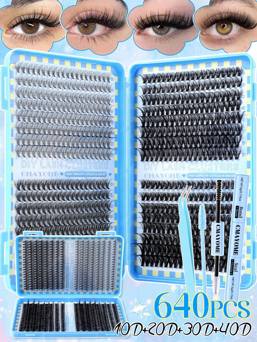 640/592/576PCS False Eyelashes, 10D-100D And Multi Styles Large Capacity Individual Lash Clusters, Natural Look And Long-Lasting, Wispy Eyelash Extension Kit Lashes Clusters With Lash Bond, Seal Lash Brush And Tweezer, Friendly To All Kinds Of Skin Types, Suitable For Party, Festival, Wedding And Travel Using, Great Gift For Women Or Girls - 藍色 - 查看 1