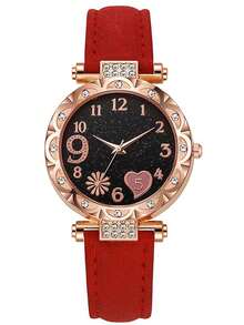 6pcs Elegant & Fashionable Black Starry Sky Numeric Quartz Watch And 6pcs Lucky Flower Necklace Bracelet Ring Earring Accessory Set, Mother's Day, Valentine's Day, Easter Gift - Red - View 2