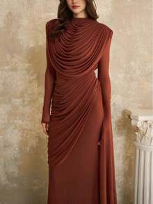 Women's New Solid Color Ruched Elegant Slim Off-Shoulder Swing Collar Dress - Nâu đỏ (25333) - Xem 5