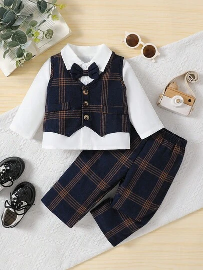 Baby Boys' Cute Collared Long Sleeve Button-Front Shirt With Bow Tie + V-Neck Striped Vest + Elastic Waist Casual Pants 3-Piece Outfit, Gentleman Style For Spring/Autumn, Suitable For School, Holidays, Birthday Party, Daily Wear