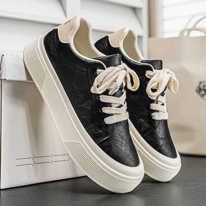 Zapatos cómodos con elevador para hombres con decoración de pespuntes de contraste, puntera redonda con cordones, suela gruesa, estilo retro para uso diario y uso en la calle, tela de patchwork