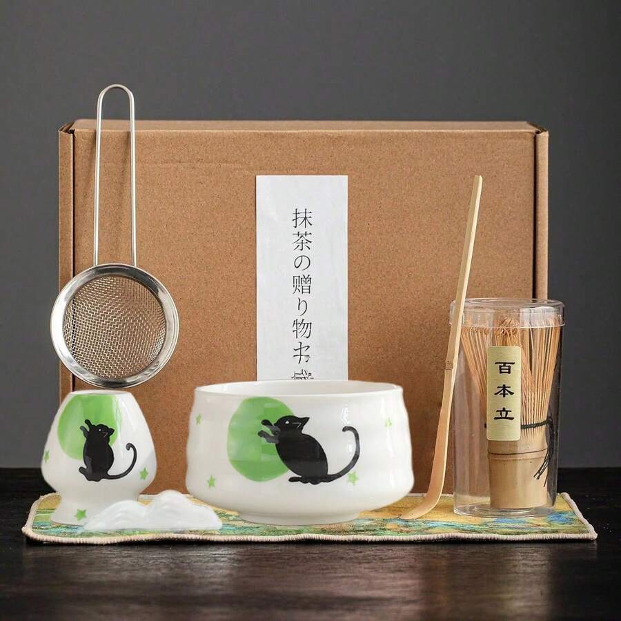 1件/4件/5件/7件套手绘星猫抹茶茶具套装，包含抹茶碗、抹茶筅、抹茶杯、搅拌棒、茶匙、茶碗套装、抹茶冲泡工具、甜点和饮品制作工具、日式礼盒、松金抹茶搅拌套装、抹茶爱好者礼物 - 彩色 - 查看 1