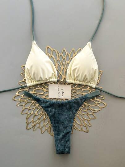 2pcs Casual Elegant Sexy Bohemian Floral Tie-Up Braided Bikini Swimsuit, Suitable For Beach Vacation, Spring/Summer