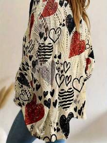 Black & Red Heart Pattern Hollow Out Loose 3/4 Sleeve Thin Knit Cardigan Vacation - Khaki - View 3