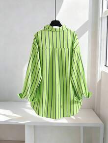 Striped Front Button Pocket Front Short Back Long Vacation Long Sleeve Shirt Spring - Green - View 2