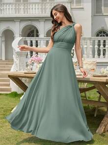 Volly Toych 露肩荷叶边雪纺优雅A字型正式伴娘礼服，适合婚礼宾客 - 橄欖綠 - 查看 5