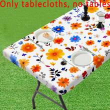 1pc Elastic Edge Tablecloth, Vibrant Orange Yellow Blue Pink Color Blocking, Healing Ditsy Floral Stretch Tablecloth, Spring Family Gathering Outdoor Party Gift, Home Decor, Suitable For Home Gatherings, Outdoor Decoration, Holiday Use, Indoor/Outdoor - Multicolor - View 12