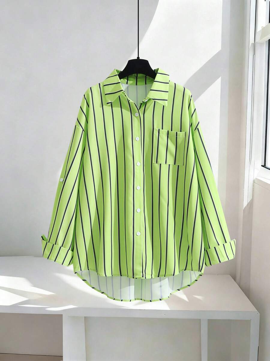 Striped Front Button Pocket Front Short Back Long Vacation Long Sleeve Shirt Spring - Green - View 1