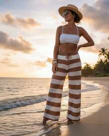 Beach Cover-Up Striped Drawstring Pants Crochet Blogger Luxury Elegant Knit Women's Fashion Summer Casual Beach Vacation - 米色 - 查看 9
