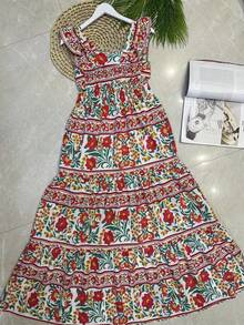 Long Dress With Print, Lined, With Built-In Bra Cups, Made Of Pretty, Fashionable Crepe Fabric. - 大紅 - 查看 3