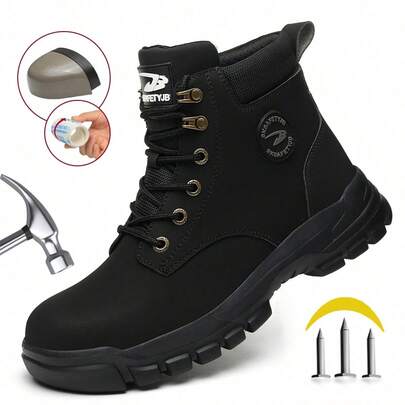 Men's Safety Work Boots, Plus Size High-Top Outdoor Industrial Shoes, Synthetic Leather Upper With EVA Sole, Suitable For Construction, Mining, Hiking, Hunting, All-Season Boots For Spring, Autumn & Winter