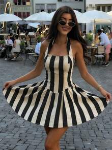 Women's Striped Sleeveless Tie Back Casual Bohemian Dress, Summer Holiday Vacation Dress - Apricot - View 3