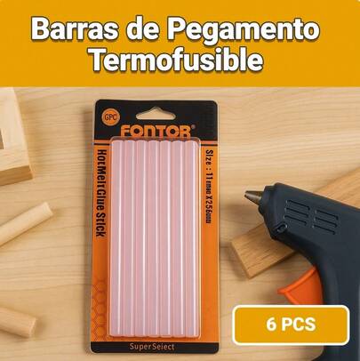 Barras de Pegamento Termofusible FONTO (Pack de 6) – Barras de Cola EVA de Alta Adherencia y Flexibles, Adhesivo Fuerte y Resistente para Madera, Plástico, Tela y Manualidades DIY, Barras de Pegamento EVA FONTO de Alta Resistencia (6 Unidades) – Material Flexible que No Se Parte ni Se Quiebra. Adhesivo de Unión Duradera para Reparaciones y Artesanía en Casa, Pack de 6 Barras de Pegamento Termofusible para Pistola de Calor – FONTO. Glue Stick EVA de Alta Adherencia para Todo Material: Madera, Tela, Plástico, Cerámica y Manualidades