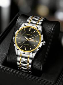 1pc Men's Stainless Steel Band Calendar Week Luminous Business Casual Quartz Wrist Watch - Multicolor - View 1