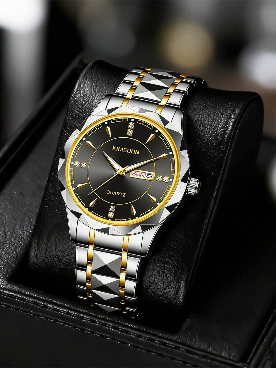 1pc Men's Stainless Steel Band Calendar Week Luminous Business Casual Quartz Wrist Watch - Multicolor - View 1