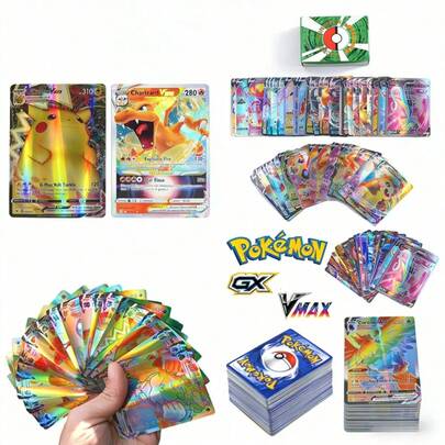 300张棋盘游戏卡牌、动漫粉丝礼物战斗卡、闪卡、卡片（V系列VMAX、稀有GX卡、动漫游戏卡、辅助卡包卡、闪卡、成人节日礼物、派对用品、节日配件、生日派对用品、生日礼物、手工装饰品、口袋妖怪、收藏卡、经典卡，适合派对和生日礼物（款式随机）