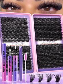 720PCS Super High-Volume DIY Clusters False Individual Lash Eyelashes Extensions Kit, D Curl 10D+20D+30D+40D/50D+60D+80D+100D Mixed Style Lashes Set With Lash Bond&Seal Lash Tweezers And Brush, 8-16mm Large-Capacity Cluster Fake Eyelashes, Suitable For Self Application At Home Daily Wear - Lilac Purple - View 5