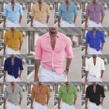 2026 New Men's Summer Cotton-Linen Collared Beach Shirt Long-Sleeve Solid Color Hawaiian Holiday Attire - Hồng - Xem 2
