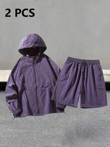 Summer Lightweight Loose-Fitting Casual Outdoor Beach Single-Layer Lightweight Shorts Set - Màu tím - Xem 1